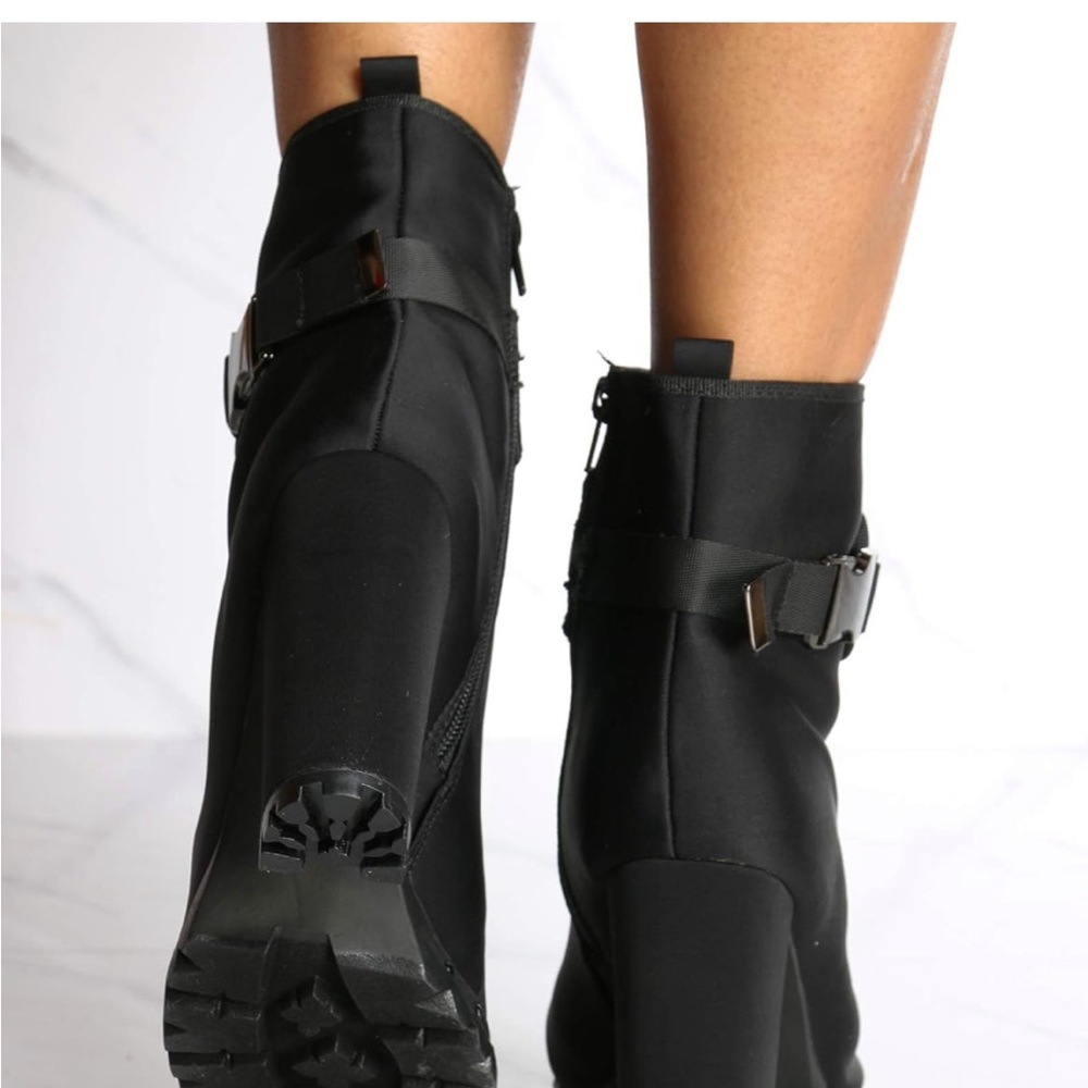 Womens Lycra Side Clip On Buckle Chunky Heel Bootie,Black Size 8.5 - Picture 4 of 12
